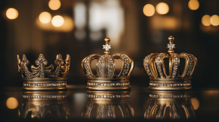 This image features three elegant gold crowns with intricate designs resting on a reflective surface. A blurred background adds a touch of sophistication.の素材