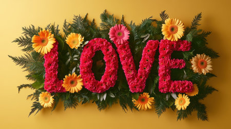 A vibrant floral arrangement spells the word "LOVE" against a cheerful yellow backdrop, featuring bright flowers that evoke happiness and beauty.の素材