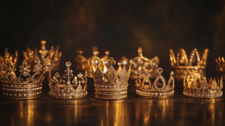 A stunning collection of intricate golden crowns arranged elegantly, showcasing their luxurious designs and reflecting light beautifully on a dark background. Perfect for themes of royalty and celebration.の素材