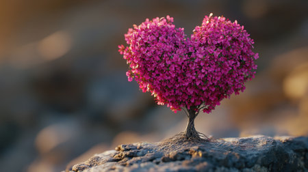 A stunning heart-shaped tree adorned with vibrant pink flowers sits on a rocky surface, symbolizing love and beauty in nature, perfect for various artistic themes.の素材