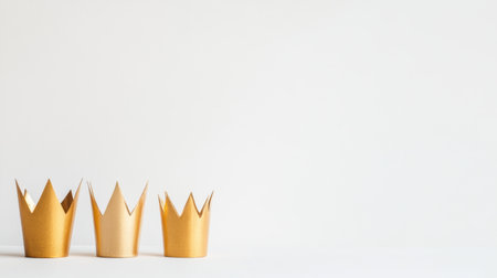 Three golden paper crowns sit elegantly on a clean white background, perfect for enhancing festive themes and celebratory moments in various settings.の素材