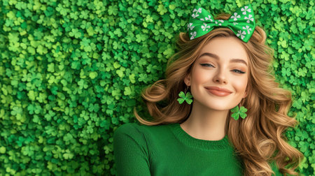A joyful young woman adorned with a green bow and shamrock earrings smiles against a lush clover backdrop, embodying the spirit of St. Patrick's Day in a vibrant and festive atmosphere.の素材