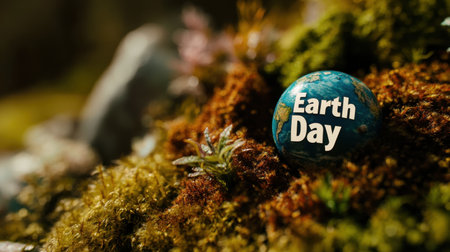 Close-up of a vibrant Earth Day button resting on green moss, symbolizing environmental awareness. This image captures the spirit of nature and conservation efforts.の素材