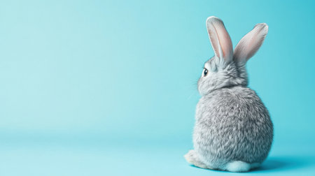 A charming gray rabbit with long ears sits gracefully against a soft blue background, showcasing its fluffy fur and innocent nature in a serene composition.の素材