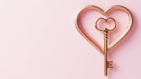 This image features a golden key positioned within a heart-shaped pink glittery frame, symbolizing love and connection in a stylish and minimalistic design.の素材