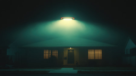 An eerie scene featuring a house illuminated by a mysterious beam of light, surrounded by thick fog. This captivating image evokes feelings of intrigue and alien mystery.の素材