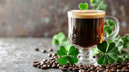 A warm glass of coffee surrounded by clover leaves and coffee beans creates a cozy atmosphere. Ideal for food and beverage themes, this image captures freshness.の素材