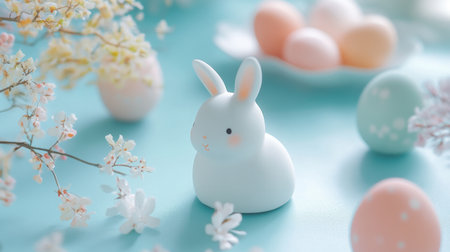 A charming bunny figurine sits amidst pastel Easter eggs and delicate flowers, creating a playful and joyful spring atmosphere for festive celebrations.の素材
