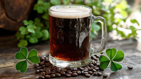 A refreshing dark beer mug sits on a wooden table, surrounded by green clovers and coffee beans, creating a vibrant, appetizing scene for beverage lovers.の素材