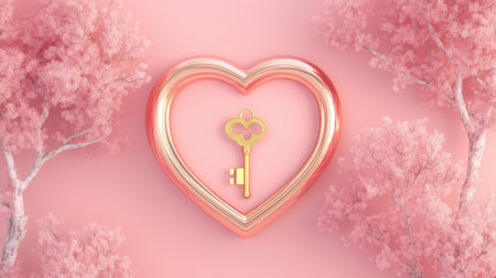 This captivating heart-shaped key icon is beautifully set against a soft pink floral background, symbolizing love and romance in a delicate, artistic style.の素材