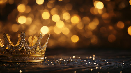 A stunning gold crown adorned with jewels rests on a rustic wooden surface, surrounded by sparkling bokeh lights, perfect for concepts of royalty and celebration.の素材