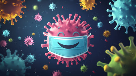 A cheerful and vibrant cartoon virus character wearing a face mask conveys a message of health and safety during a pandemic. Perfect for educational content.の素材