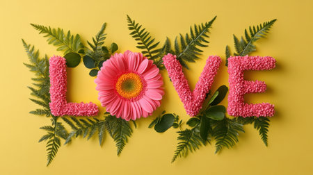 A vibrant floral design featuring the word "LOVE" crafted from pink blossoms, surrounded by greenery against a bright yellow backdrop, perfect for romantic themes.の素材