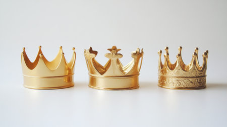This image showcases three elegant golden crowns, each with unique designs, placed side by side against a clean white backdrop, representing royalty and luxury.の素材