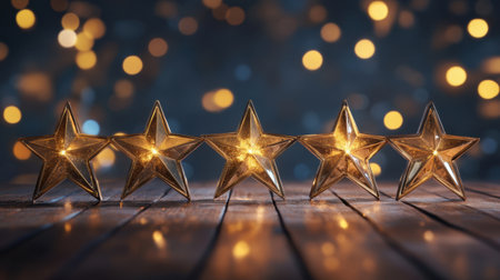 Glimmering golden stars arranged on a wooden table create a warm and inviting atmosphere. The soft bokeh background enhances the festive feel, perfect for celebrations.の素材