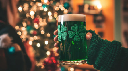 A hand holds a glass of green beer adorned with shamrocks, set against twinkling holiday lights. Perfect for holiday celebrations and festive gatherings.の素材