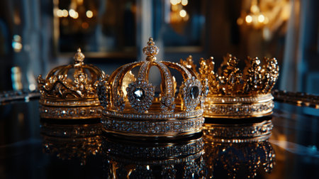 This image showcases a stunning arrangement of three elegant golden crowns, reflecting luxury and royalty, adorned with intricate jewels and placed on a polished surface.の素材