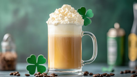 A delightful coffee drink topped with creamy whipped cream and decorated with green shamrocks, perfect for celebrations and warm gatherings.の素材