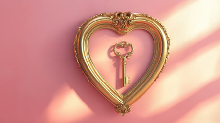 A decorative golden heart-shaped frame features a vintage key, set against a soft pink wall. This aesthetic piece symbolizes love and romance, ideal for stylish interiors.の素材