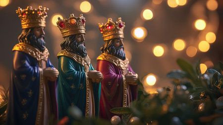 This captivating image features three beautifully designed kings figurines, adorned with crowns and surrounded by soft glowing lights, evoking festive cheer.の素材