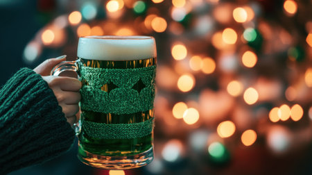 A cheerful hand holds a festive mug of beer adorned with a knit sweater, against a backdrop of shimmering Christmas lights, embodying holiday joy.の素材