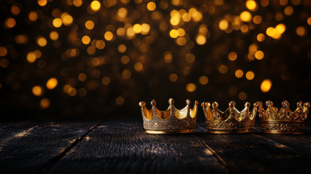 Three ornate gold crowns rest elegantly on a dark wooden surface, surrounded by a blurred bokeh background. This image evokes luxury and celebration, perfect for various festive themes.の素材