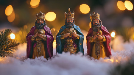 Three beautifully crafted kings figurines standing amidst soft snow and gentle lights, creating a warm and festive atmosphere perfect for holiday celebrations.の素材