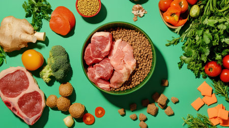 A vibrant display of fresh ingredients ideal for healthy cooking, featuring vegetables, spices, and raw meat arranged artfully on a teal surface.の素材