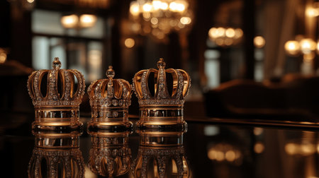 This image features three elegant golden crowns placed on a reflective surface. The soft lighting adds depth, creating a luxurious atmosphere perfect for themes of royalty and celebration.の素材