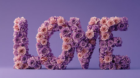 A stunning artistic floral arrangement spelling out "LOVE" with beautiful purple roses. Perfect for spring events, weddings, or romantic occasions, this vibrant design adds a touch of elegance.の素材
