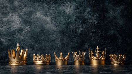 A stunning collection of golden crowns arranged in a row against a dark backdrop, showcasing their intricate details and luxurious design. Perfect for themes of royalty and elegance.の素材