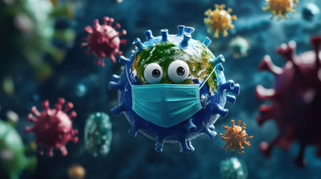A whimsical cartoon character representation of a virus wearing a mask, set against a backdrop featuring a stylized globe and other colorful viruses, promoting health awareness.の素材