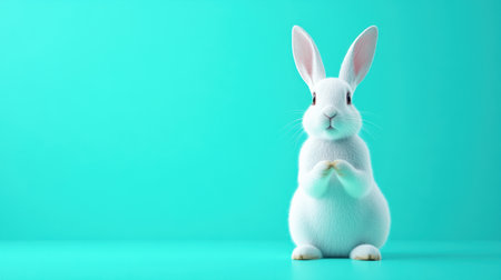This charming image features a cute white rabbit standing upright against a bright turquoise background, showcasing its fluffy fur and delightful expression. Perfect for animal-themed projects.の素材