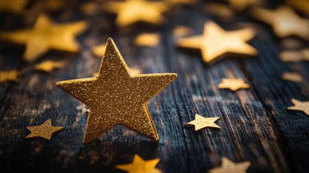 A collection of glimmering gold stars scattered on a rustic wooden surface. This festive imagery captures a cheerful and elegant atmosphere ideal for various celebrations.の素材