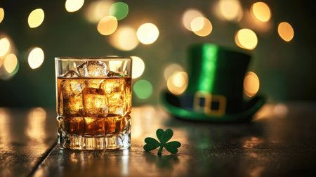 A glass of whiskey filled with ice sits on a rustic table, complemented by a shamrock and a festive green hat, creating a vibrant St. Patrick's Day atmosphere.の素材