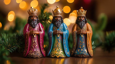 This image captures three beautifully crafted king figurines, adorned in vibrant colors, perfect for enhancing Christmas decor. The warm bokeh background adds a festive touch.の素材