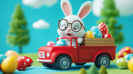 A charming bunny character drives a vibrant toy truck filled with colorful Easter eggs. The scene captures the essence of springtime joy and playful celebration.の素材