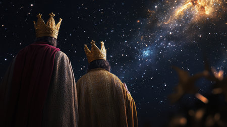Two regal figures adorned with crowns gaze into the expansive cosmos, reflecting on the beauty and mystery of the night sky filled with stars and galaxies.の素材