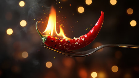 A striking image of a red chili pepper sitting on a fork, surrounded by flames and a beautiful bokeh background, conveying the essence of spice and passion in cooking.の素材