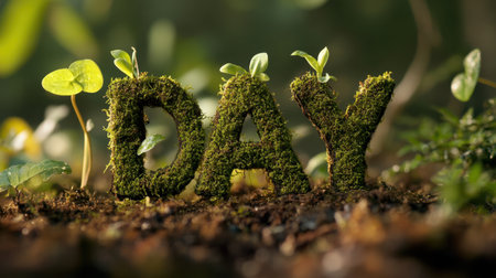 A captivating image featuring moss-covered letters spelling "DAY," accented with fresh green sprouts. This scene embodies growth and the beauty of nature.の素材