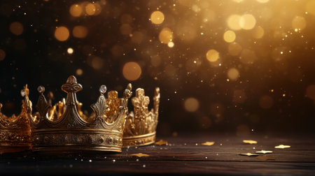 Elegant golden crowns rest gracefully against a shimmering bokeh backdrop. The enchanting scene captures a sense of luxury, celebration, and royalty, perfect for festive themes.の素材