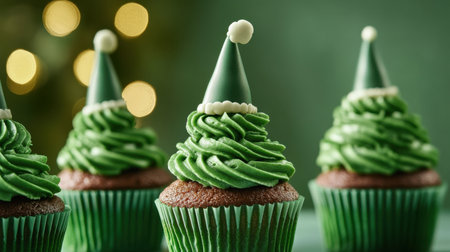 Delight in the charm of these festive green cupcakes topped with creamy frosting and whimsical party hats, perfect for any joyous celebration or holiday gathering.の素材