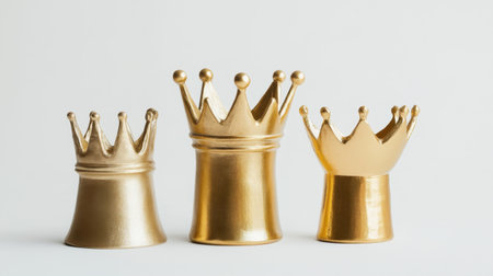 A trio of elegant golden crown figurines displayed on a plain white background, perfect for creative projects, design inspiration, and royal themes.の素材