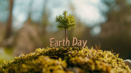 A charming representation of Earth Day featuring a tiny tree emerging from moss, symbolizing growth and environmental awareness in a serene outdoor setting.の素材