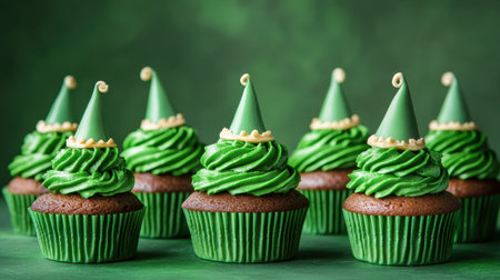 Delight in the charm of these festive green cupcakes topped with whimsical hats. Perfect for parties, celebrations, and joyful occasions.の素材