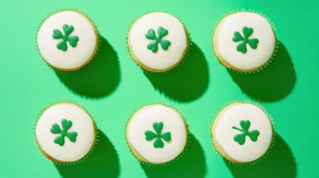 Six vibrant cupcakes adorned with green shamrocks on a bright backdrop. Perfect for St. Patrick's Day celebrations or festive gatherings.の素材