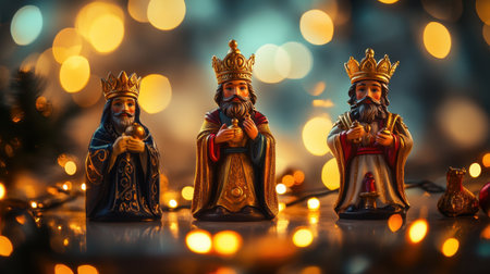 Three beautifully crafted kings figurines set against a backdrop of sparkling Christmas lights. Their vibrant colors and intricate details capture the festive spirit of the holiday season.の素材
