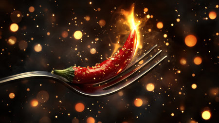 A striking close-up of a red chili pepper perched on a fork, engulfed in flame against a sparkling background. Ideal for food lovers and culinary enthusiasts.の素材