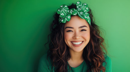 A joyful woman with a radiant smile poses against a vibrant green backdrop. Her green accessories add a playful touch, enhancing her cheerful expression.の素材