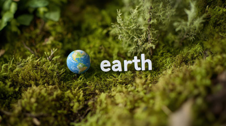 A vibrant globe of the Earth rests on lush green moss, symbolizing nature's beauty. The soft green hues create an inviting atmosphere for ecological themes.の素材